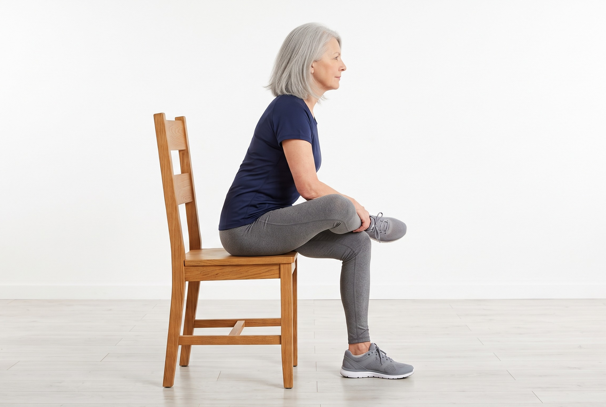 Older woman seated on a chair performing a seated piriformis stretch, one ankle crossed over the opposite knee in a figure-4 while hinging forward from the hips