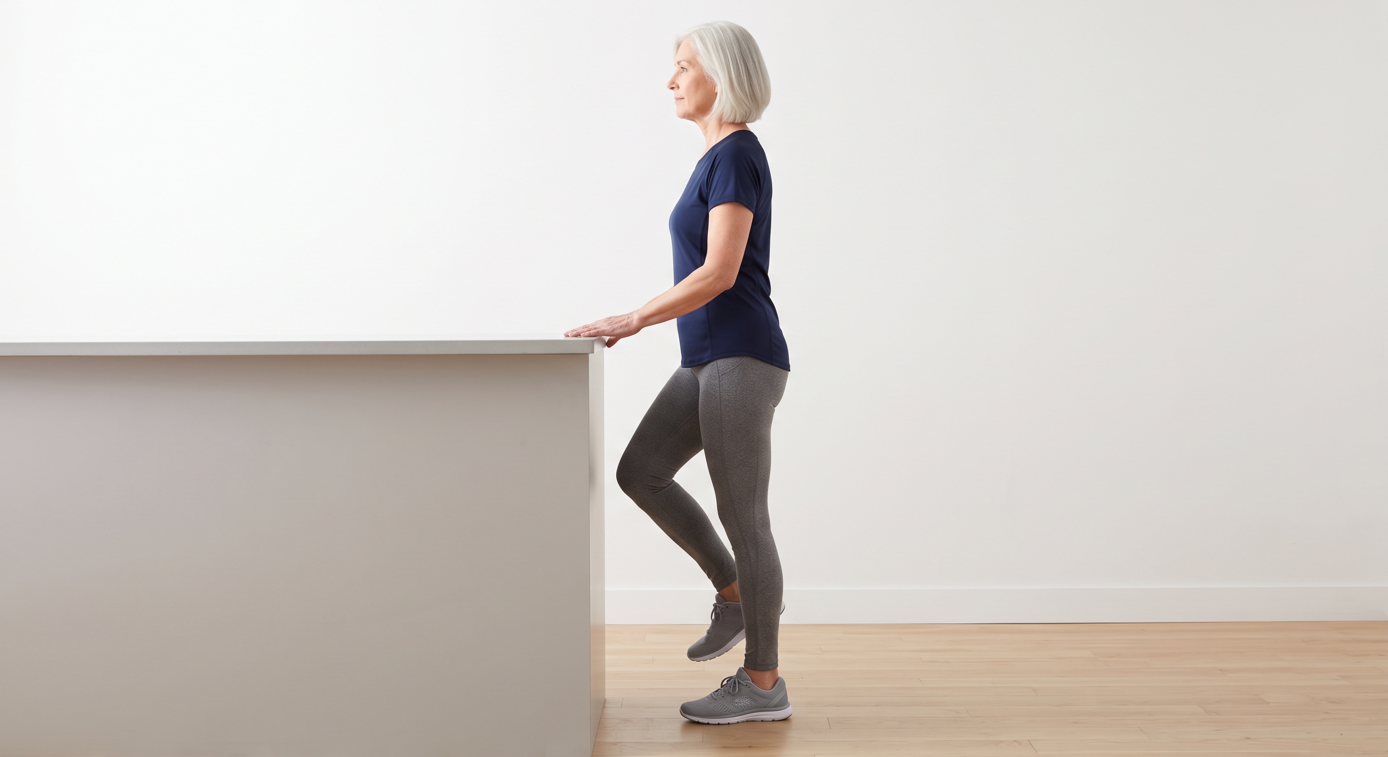 Older woman standing on one leg beside a kitchen counter with her fingertips resting on the counter for support during a single leg standing balance exercise