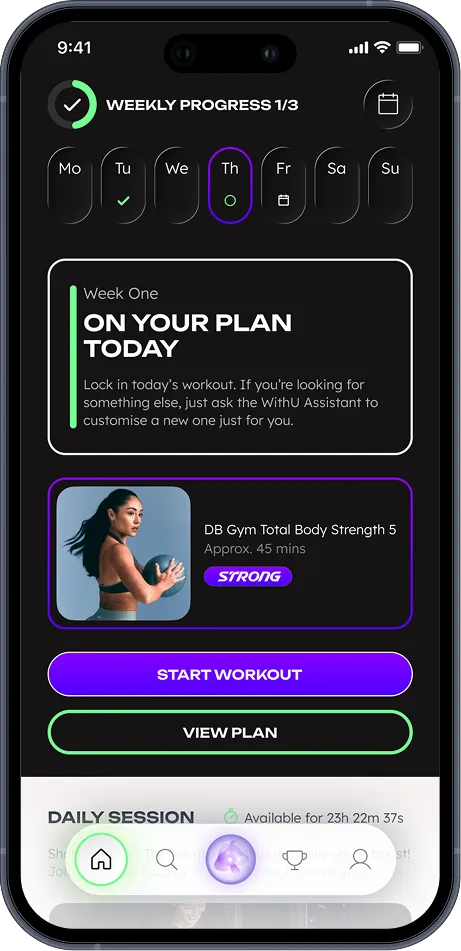 WithU app weekly progress screen showing the plan for today