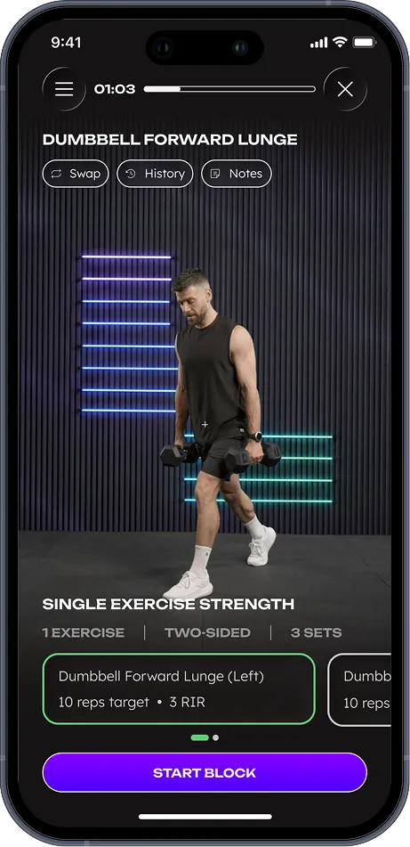 WithU app guided dumbbell forward lunge exercise in progress
