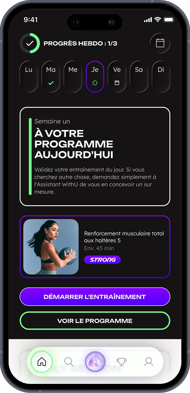 Écran de progression hebdomadaire de l'application WithU affichant le programme du jour