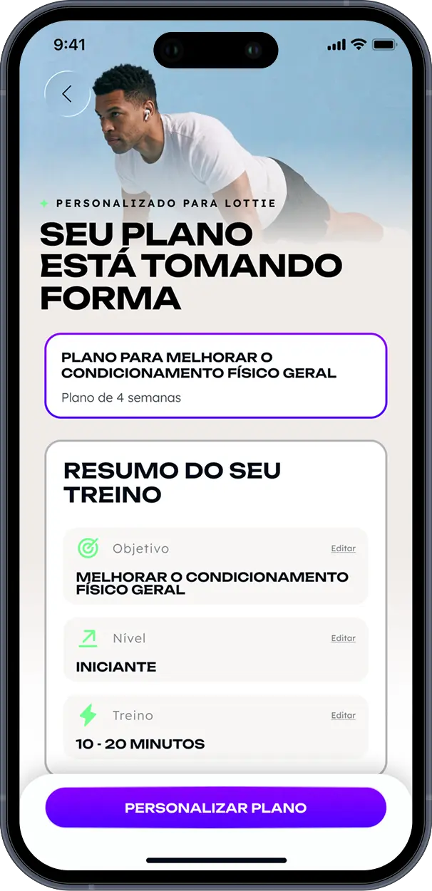 Aperçu du programme d'entraînement personnalisé de l'application WithU avec objectif et niveau