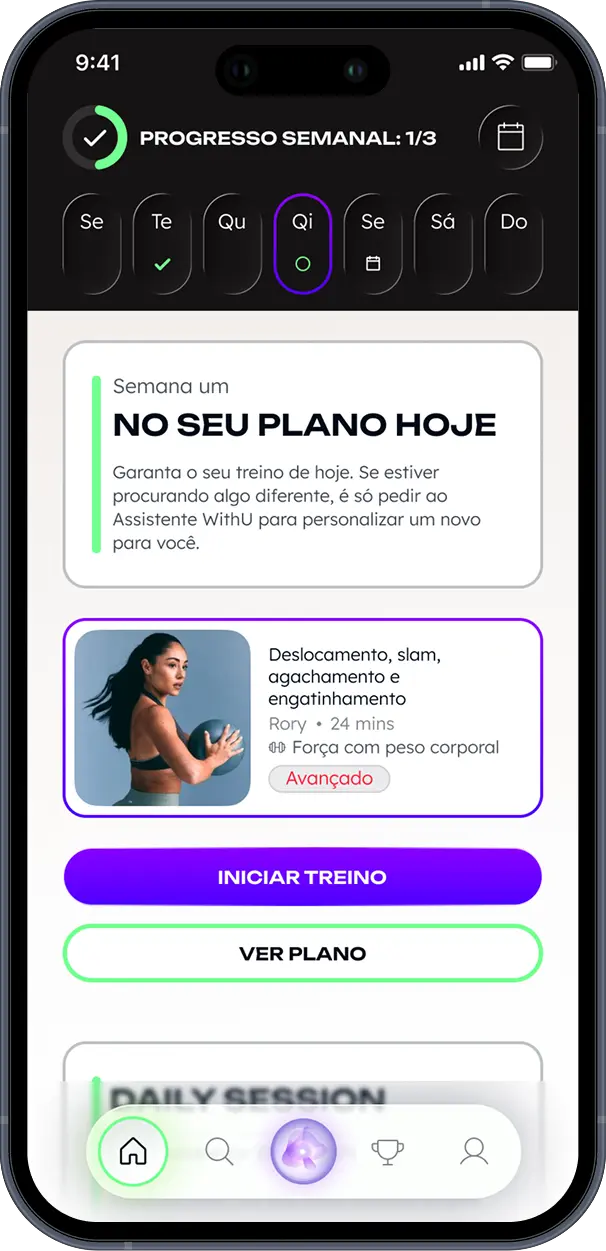 Tela de progresso semanal do aplicativo WithU mostrando o plano para hoje
