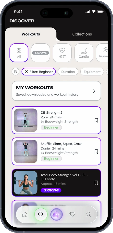 WithU app Discover screen listing saved and suggested workouts