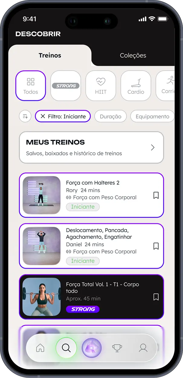 Tela Descobrir do aplicativo WithU listando treinos salvos e sugeridos