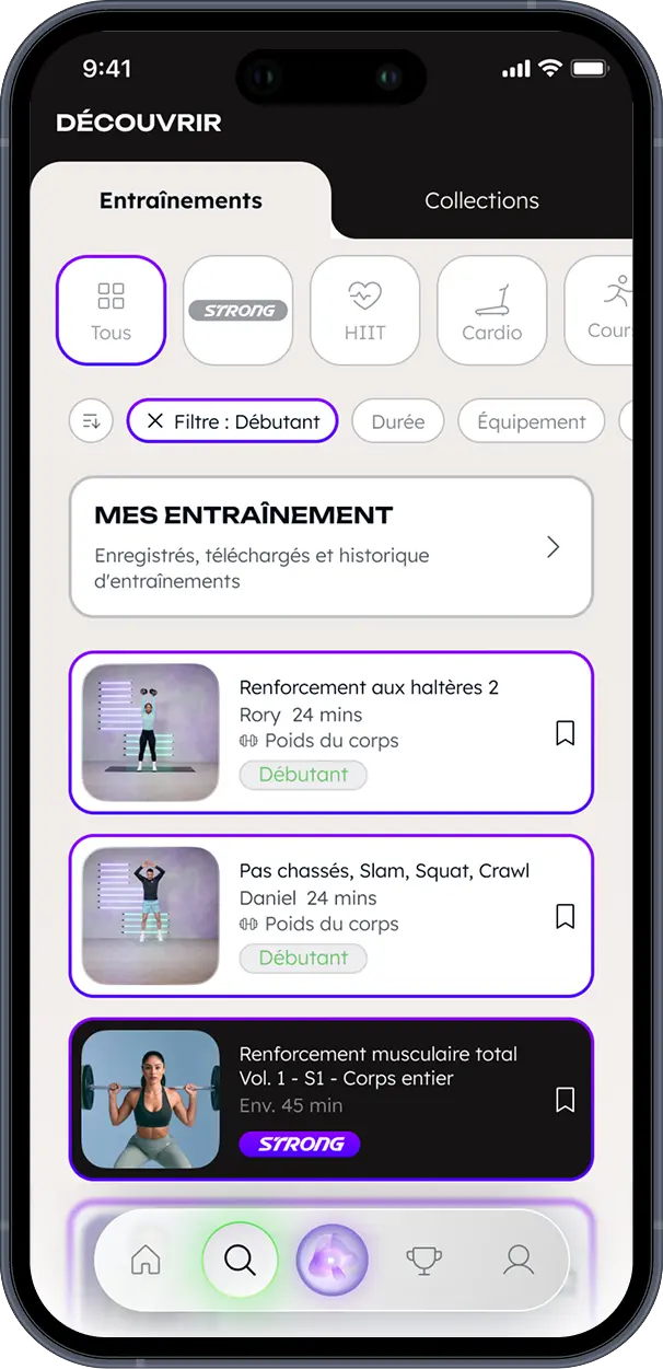 Écran Découvrir de l'application WithU listant les entraînements enregistrés et suggérés