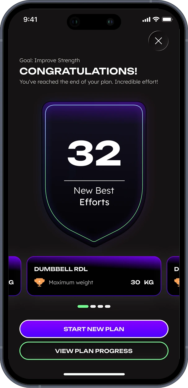WithU app plan completion screen showing 32 new best efforts