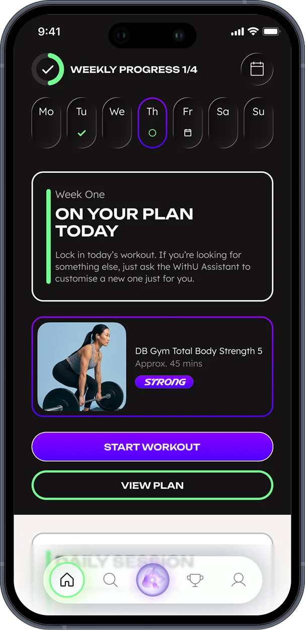WithU app weekly progress screen showing the plan for today