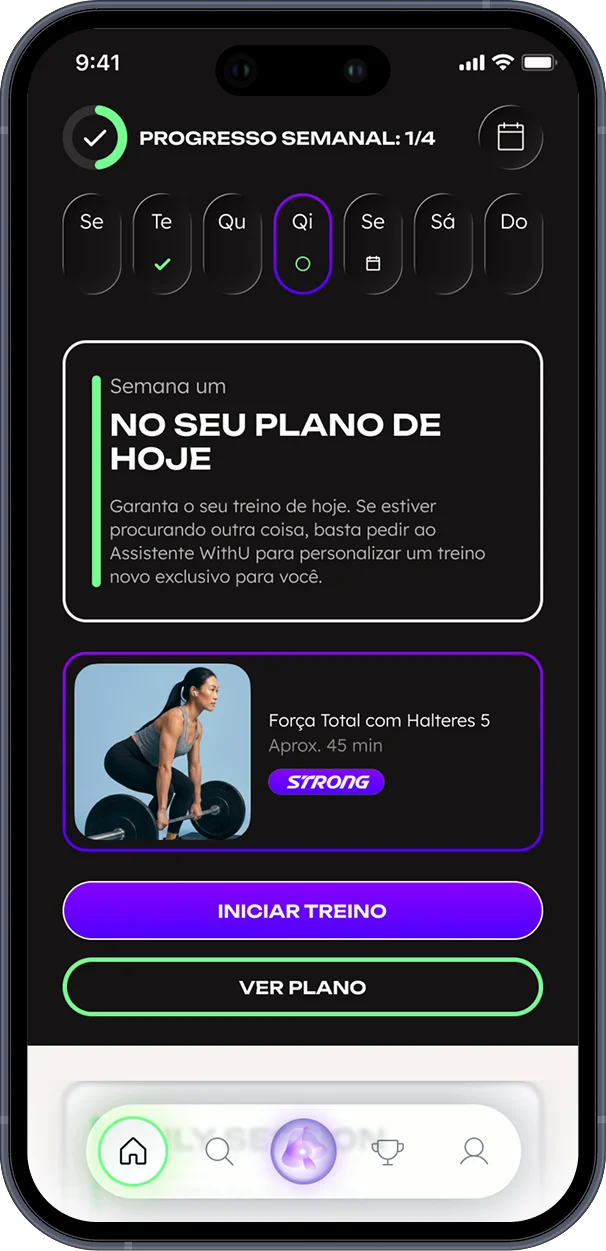 Tela de progresso semanal do aplicativo WithU mostrando o plano para hoje