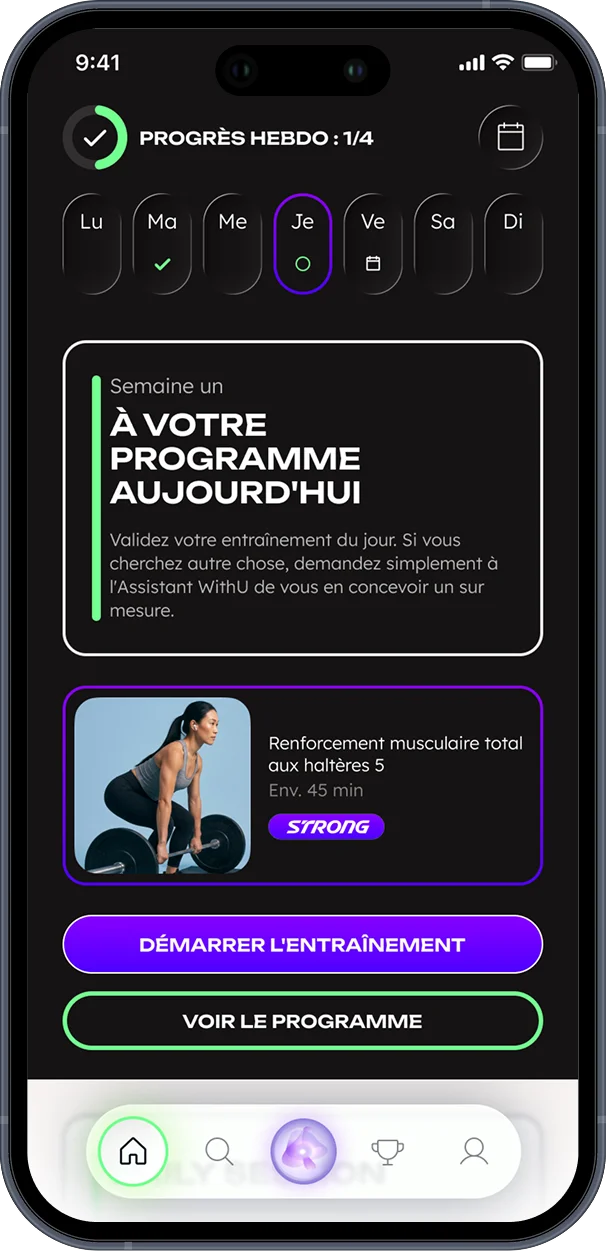 Écran de progression hebdomadaire de l'application WithU affichant le programme du jour
