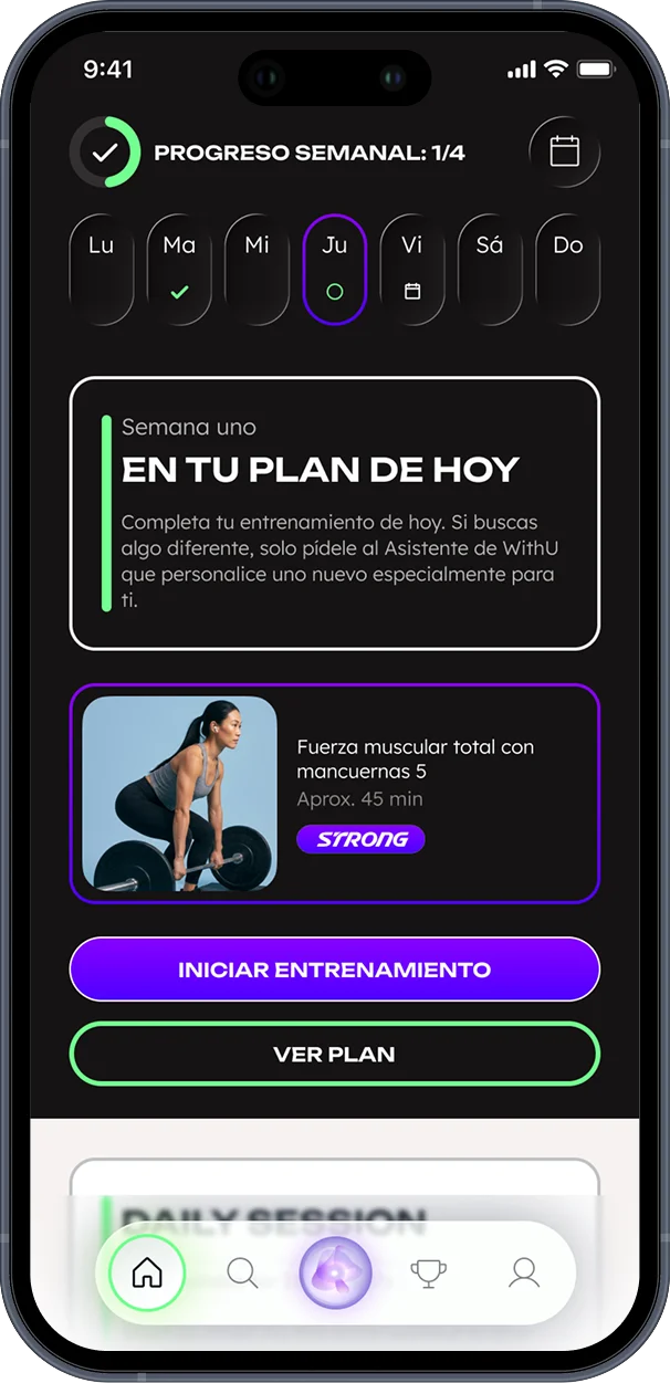 Pantalla de progreso semanal de la aplicación WithU que muestra el plan para hoy