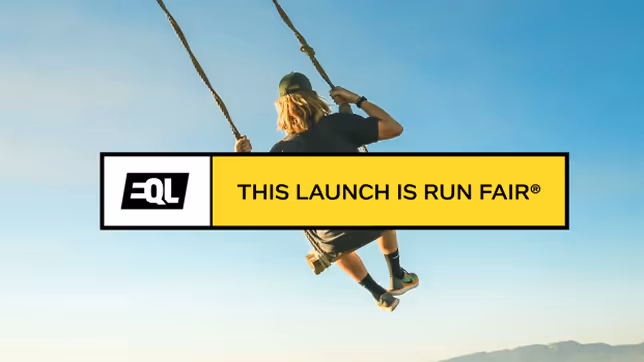 Person swinging on a rope swing against a clear blue sky with a text overlay saying 'THIS LAUNCH IS RUN FAIR®' alongside the EQL logo.