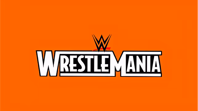 WWE WrestleMania logo with bold white text on an orange background.