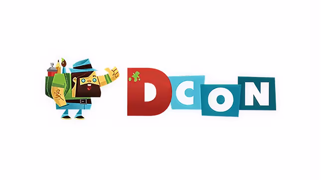 Cartoon character wearing a hat and backpack standing next to stylized text 'DCon' with letters in different colored blocks.