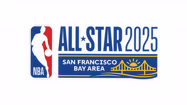 NBA All-Star 2025 logo with San Francisco Bay Area text and a stylized Golden Gate Bridge and sun illustration.
