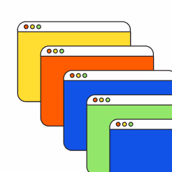 Four stacked browser windows in yellow, orange, blue, and green colors.