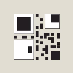 A stylized QR code with black and white squares and pixel blocks on a light beige background.