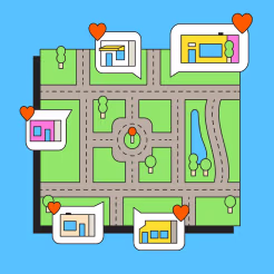 Map with roads, green areas, a pond, and six houses marked by red heart pins.