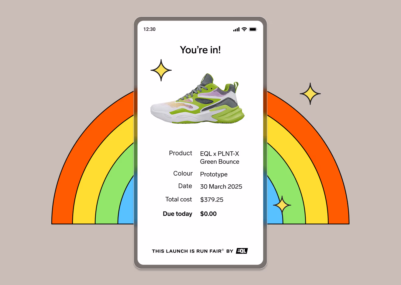 Mobile screen showing confirmation for sneaker launch entry with green and gray sneaker, product details, and zero due today.