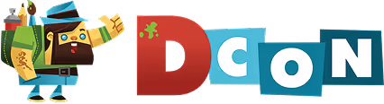 Cartoon pirate character waving next to colorful block letters spelling 'DCON'.