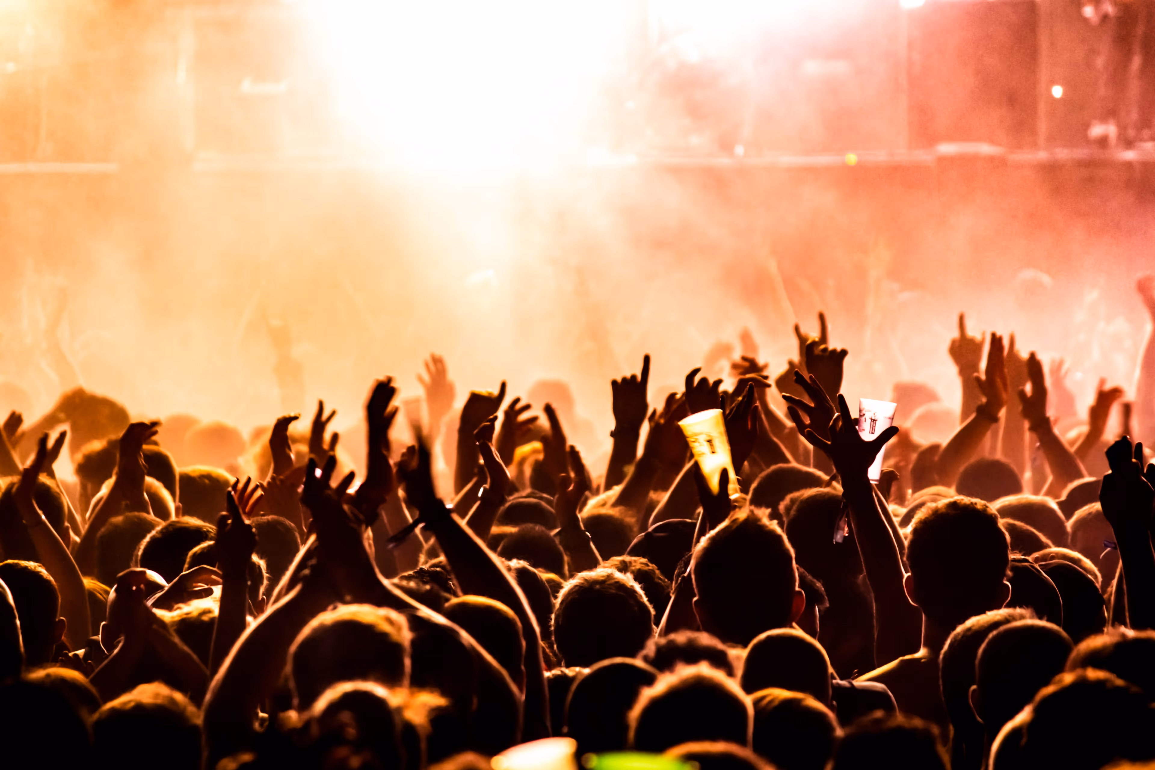 Crowd of people raising hands and cheering at a brightly lit concert or event.