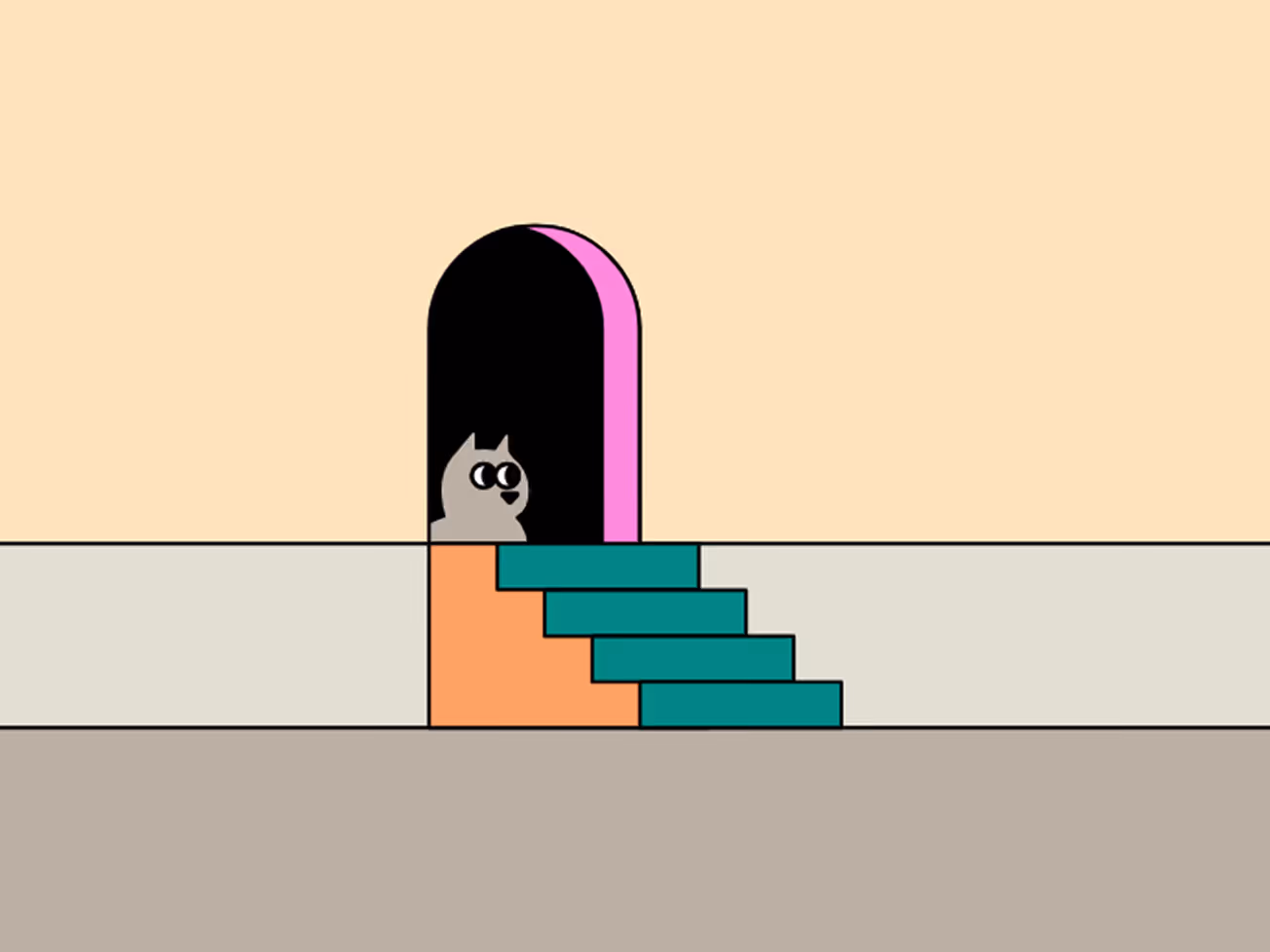 Minimalist illustration of a gray cat peeking from a dark arched doorway with teal steps and pastel walls.