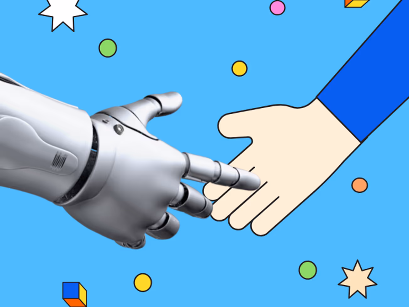 A robotic hand reaching out to touch a cartoon human hand against a blue background with colorful geometric shapes.