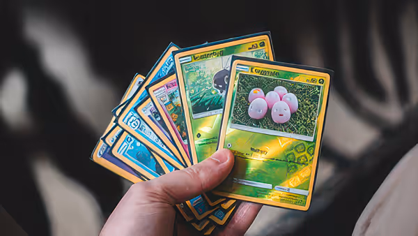 Hand holding a fanned-out set of Pokémon trading cards with Pokémon images and yellow borders.