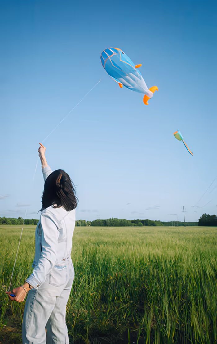 Person in light denim outfit flying a blue and orange whale-shaped kite in a green field under a clear blue sky.