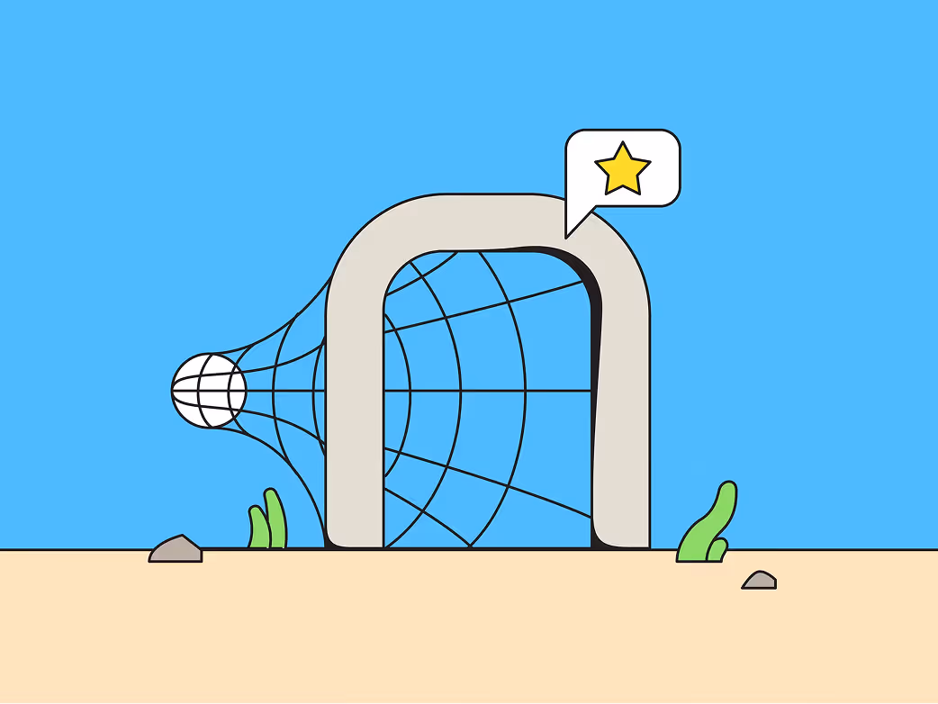 Illustration of a soccer goal net with a globe shaped ball caught inside and a speech bubble containing a yellow star above the goal post.