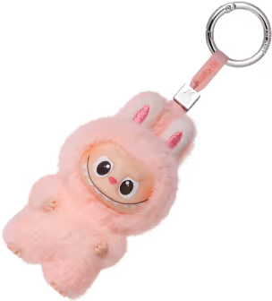 Pink fluffy bunny keychain with wide eyes and a metal ring attachment.