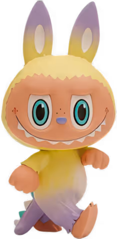 Colorful cartoon figure with bunny ears, large turquoise eyes, yellow and purple gradient body, and a wide smile with sharp teeth.