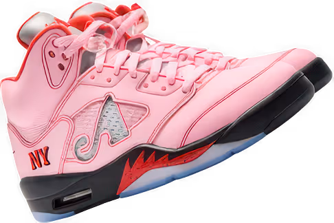 Pink Air Jordan 5 sneaker with black and red sole accents and 'NY' lettering on the heel.