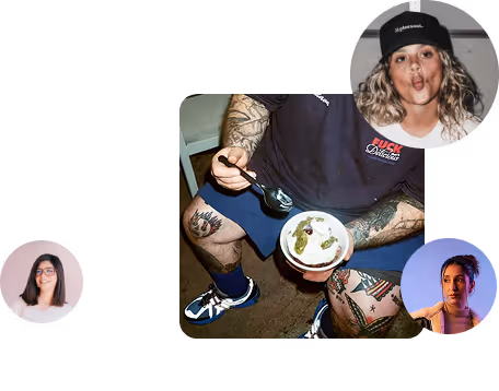 Tattooed person sitting and eating dessert with three small profile portraits of women around.
