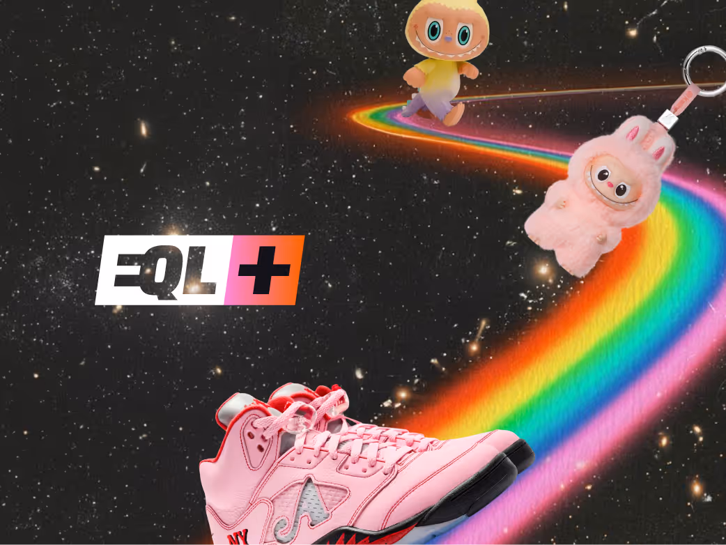 Pink sneaker, two plush keychains, and EQL+ logo over a space background with a rainbow trail.