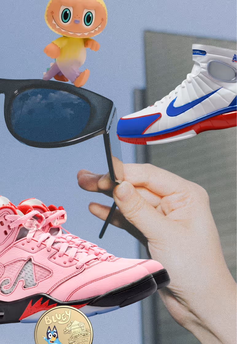 Collage featuring a hand holding black sunglasses, a pink sneaker, a white and blue Nike sneaker, and a small cartoon character with big eyes and a wide smile.