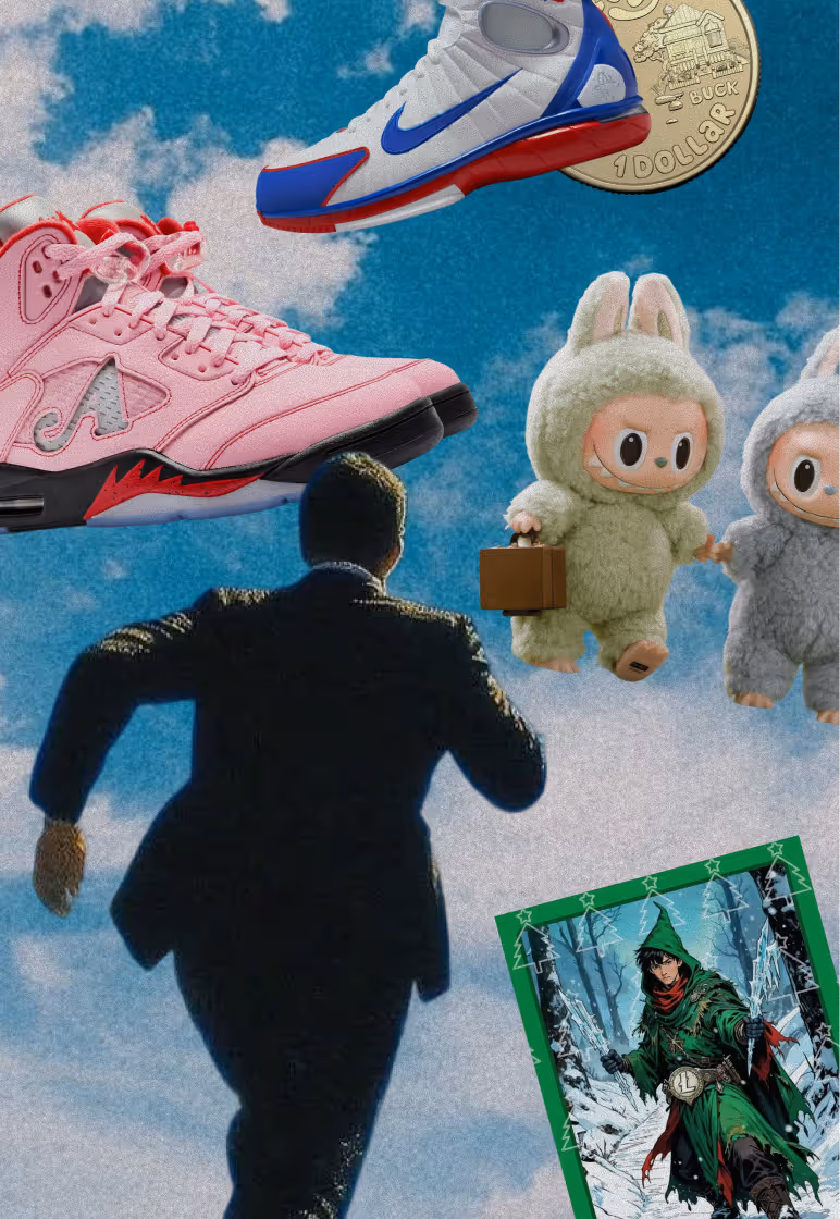 Collage featuring a man in a suit running towards large floating objects including pink and white-blue sneakers, two bunny-costumed cartoon characters holding hands, a one-dollar coin, and a fantasy character in green with a sword in a snowy forest.