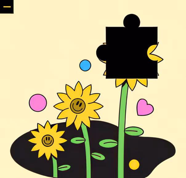 Cartoon illustration of three sunflowers with smiley faces, one partially covered by a black puzzle piece, surrounded by colorful shapes on a light background.