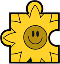 Yellow puzzle piece shaped like a sun with a smiley face in the center on a black background.
