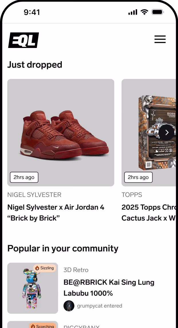 Mobile app screen showing new sneaker drop: red Nigel Sylvester x Air Jordan 4 'Brick by Brick' sneakers.