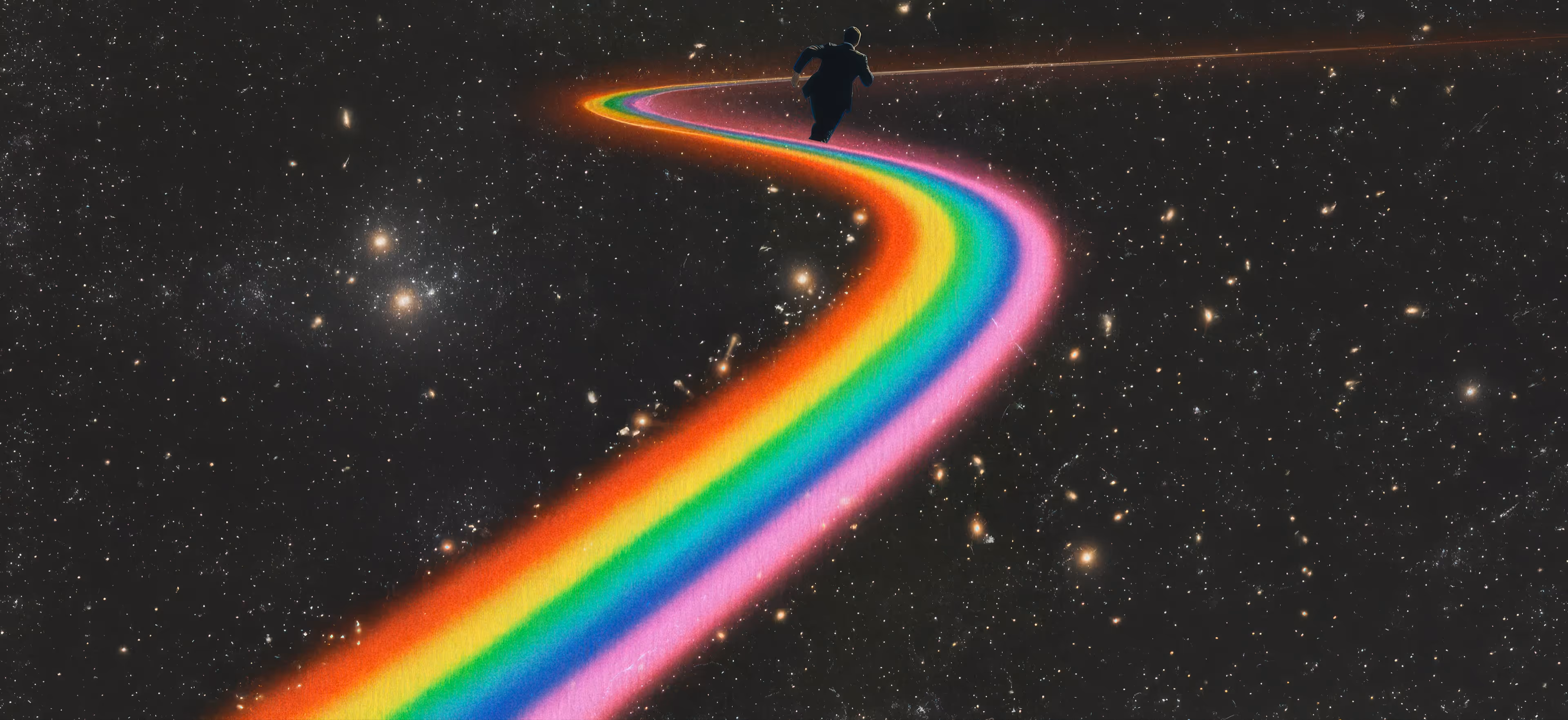 A man in a suit running on a winding rainbow path through a star-filled cosmic background.