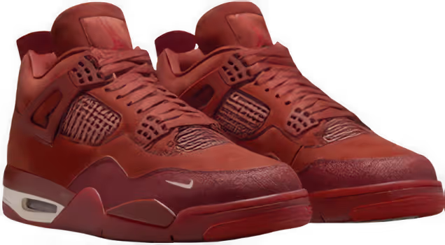 Pair of red Air Jordan 4 sneakers with detailed mesh and accents on a black background.