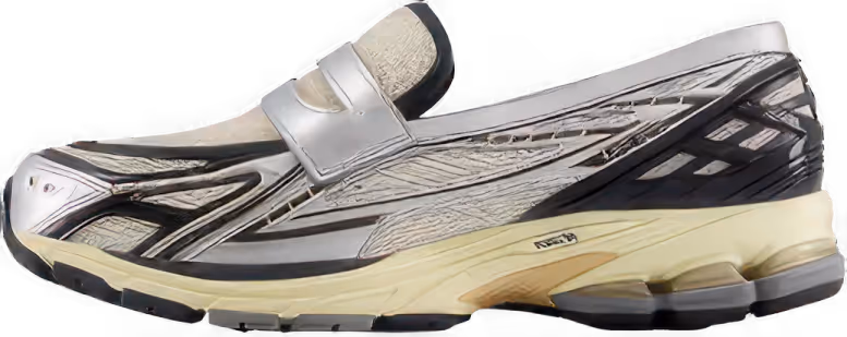 Silver and black hybrid athletic shoe side view with a beige sole and strap closure.