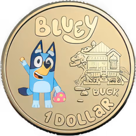 Gold coin featuring Bluey character, house design, and text 'Bluey 1 Dollar Buck'.