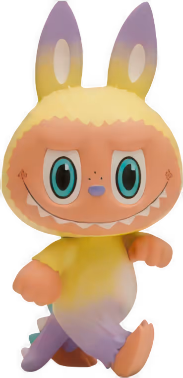 Yellow and purple bunny-like monster toy with big teal eyes walking on one foot.