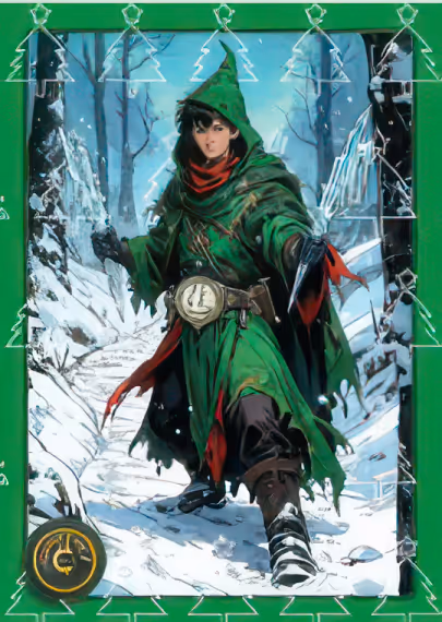 Person in green cloak and hood standing in snowy forest, holding daggers with determined expression.