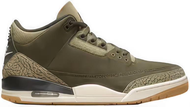 Olive green Jordan 3 sneaker with elephant print accents and white midsole side view.