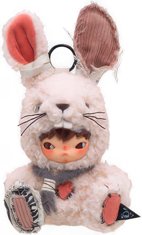 Doll wearing a white fluffy rabbit costume with large ears and visible human face inside.