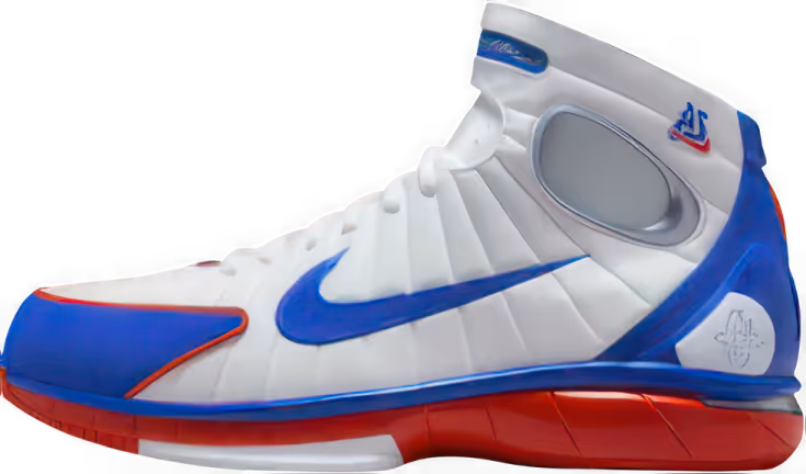 White Nike high-top basketball shoe with blue swoosh and red sole accents.