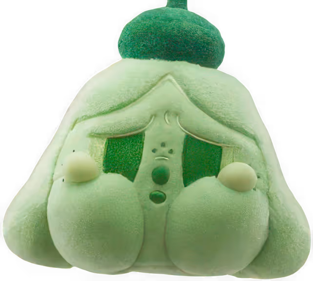 Light green flocked bell character with a sad face and round cheeks on black background.